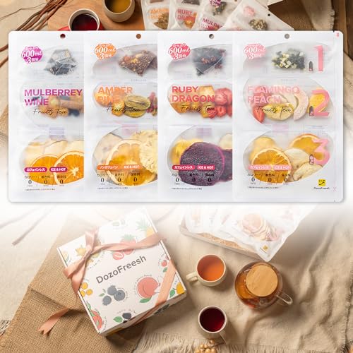 DozoFreeshフルーツティー ホットティー 紅茶 砂糖不使用 無添加 カロリーゼロ ノンカフェイン ティーバッグ プレゼント ギフト 贈り物 ホットおすすめ4種セット (ギフトセット（お湯出し4種セット+ギフト箱+ギフト紙袋）)