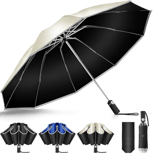 【逆折り式10本骨】折りたたみ傘 ワンタッチ自動開閉 メンズ レディース兼用 耐風・豪雨対応 広幅105cm 遮光99%・UVカット99% テフロン加工 収納ポーチ付き 晴雨兼用