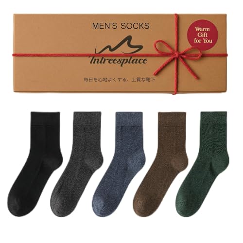 [Intreesplace] メンズ 靴下 5足セット ミドル丈 綿98% 厚手 秋冬用 保温 吸湿 通気 抗菌防臭 抗ピリング 25-28cm ギフトボックス入り