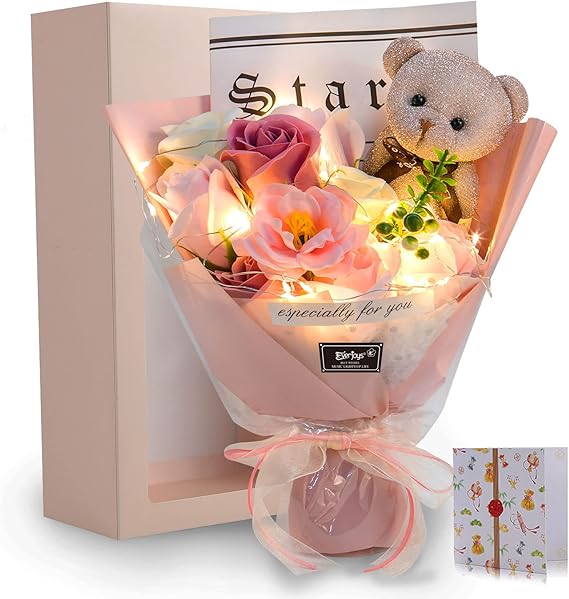光る LED ライト 付き ソープフラワー 花束 バラ 造花 可愛いくま 誕生日 母の日 父の日 敬老の日 母のひプレゼント お祝い 女性 退職祝い 結婚祝い 花 発表会 フラワー ブーケ 石けん あすつく対応（ピンク）