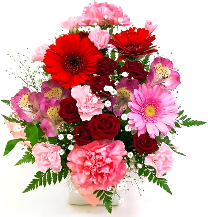 [Flowerfarm(フラワーファーム)] 花 花束 生花 フラワーアレンジメント flower プレゼント 贈り物 ギフト 誕生日 結婚記念日 結婚祝い クリスマス 母の日 父の日 退職 (赤＆ピンク系)