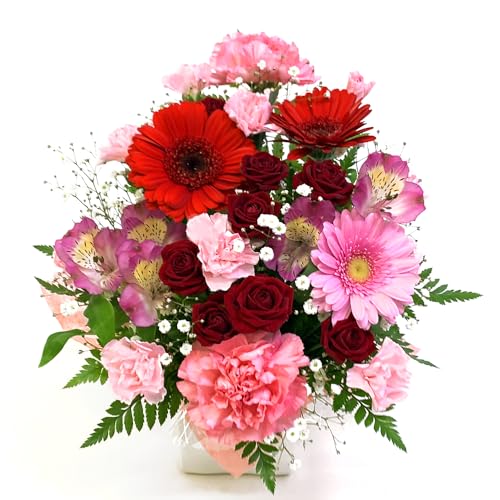 [Flowerfarm(フラワーファーム)] 花 花束 生花 フラワーアレンジメント flower プレゼント 贈り物 ギフト 誕生日 結婚記念日 結婚祝い クリスマス 母の日 父の日 退職 (赤＆ピンク系)
