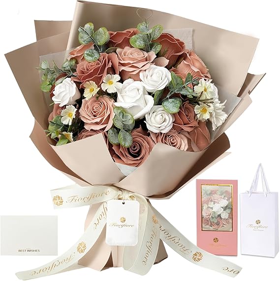 人気 ソープフラワー 卒業式 花束 プレゼント ギフト 母の日 誕生日 造花 バラ 18本 女性 結婚祝い 退職 送別会 インテリア (Cappuccino)