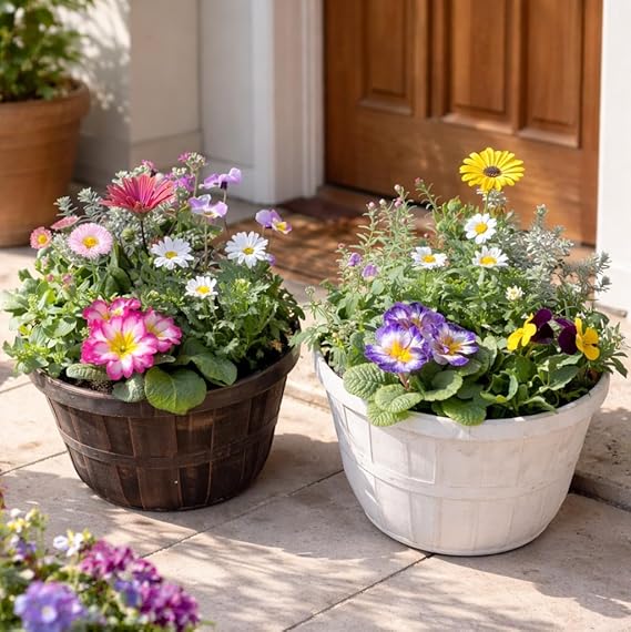 季節の寄せ植え アンティーク柄 2鉢セット 軽量プラスチック鉢 内径24cm 鉢の色選択不可 花ギフト 母の日 誕生日 新築祝い