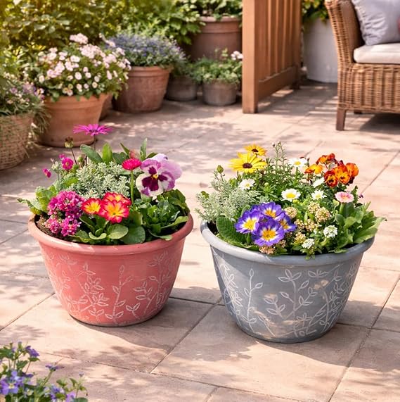 花＊花Gluckはなはなぐりゅっけ 季節の寄せ植え リーフ柄 2鉢セット 軽量プラスチック鉢 内径24cm 鉢の色選択不可 花ギフト 母の日 誕生日 新築祝い