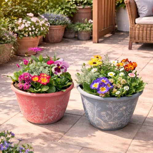 花＊花Gluckはなはなぐりゅっけ 季節の寄せ植え リーフ柄 2鉢セット 軽量プラスチック鉢 内径24cm 鉢の色選択不可 花ギフト 母の日 誕生日 新築祝い