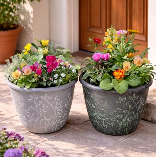 花＊花Gluckはなはなぐりゅっけ 季節の寄せ植え リーフ柄 2鉢セット 軽量プラスチック鉢 内径24cm 鉢の色選択不可 花ギフト 母の日 誕生日 新築祝い