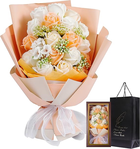 ソープフラワー 花束 母の日 花 敬老の日フラワーギフト バラ 18本 人気造花ブーケ 誕生日プレゼント 枯れない花記念日 退職 開店祝い 結婚祝い お見舞い 贈り物 BOX入りソープフラワー シャンパンカラー