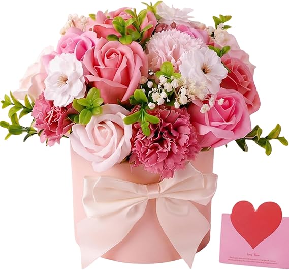 【母の日ギフト 2026】 ソープフラワー バラとカーネーションの花束 枯れない造花 18個入り 置き型インテリア 女性へのプレゼント (卒業式/誕生日/結婚式/記念日/敬老の日) 枯れない花 女性 贈り物 シャボンフラワー MIITO (