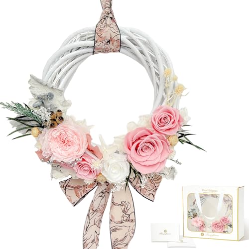 プリザーブドフラワー ローズリース 壁掛け 玄関飾り ドアリース ピンク 枯れない花 上品なフラワーギフト 誕生日 結婚祝い 記念日 母の日 インテリア ギフトボックス メッセージカード付き (Rosetint)