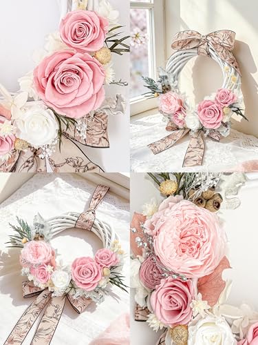 プリザーブドフラワー ローズリース 壁掛け 玄関飾り ドアリース ピンク 枯れない花 上品なフラワーギフト 誕生日 結婚祝い 記念日 母の日 インテリア ギフトボックス メッセージカード付き (Rosetint)