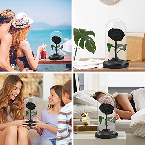 SWフォーエバープリザーブドリアルブラックローズフラワー お母様への誕生日プレゼント、バレンタイン永遠の花 ガラス入りギフト 母の日 クリスマス 記念日 誕生日 (ブラック)